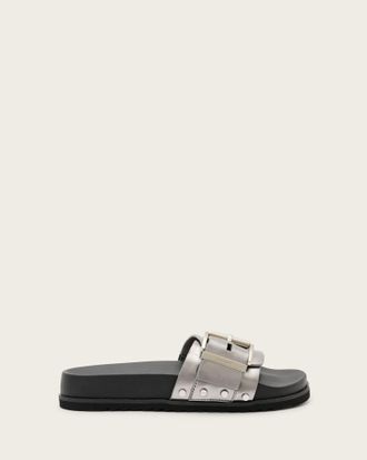 AllSaints Womens Cow Leather Ellie Studded Buckle Leather Sliders, Size: UK 4/ US 7/ EU 37