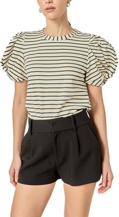 English Factory Puff Sleeve Stripe T-Shirt in Ivory/Green at Nordstrom, Size Large