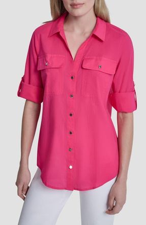 DKNY Short Sleeve Roll Tab Shirt in Hot Pink at Nordstrom, Size X-Small