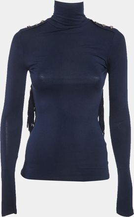 Elisabetta Franchi Navy Blue Jersey Fringe Detail Top