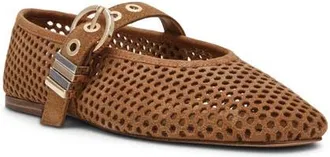 Steve Madden Lela Perforated Mary Jane Flat in Tan Suede at Nordstrom, Size 6.5
