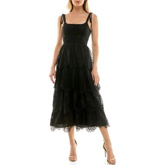 Socialite Tie Strap Tiered Lace Midi Dress in Black at Nordstrom Rack, Size X-Small