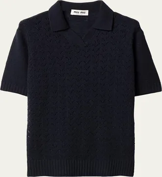Miu Miu Pointelle Cashmere Knit Short-Sleeve Polo Sweater