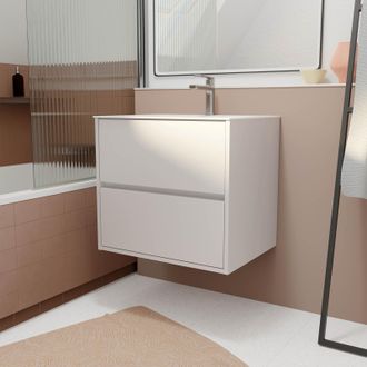 Aurlane Pack Mueble De Ba&ntilde;o 60 Cm Blanco Lacado 2 Cajones Con Lavabo De Cer&aacute;mica