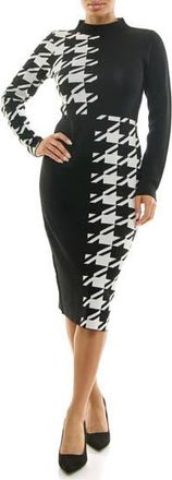 Nina Leonard Long Sleeve Jacquard Sheath Dress in Black/white Houndstooth at Nordstrom Rack, Size Medium