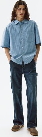 H&M Relaxed Fit Cotton Shirt in Light Blue/checked at Nordstrom, Size Xx-Large