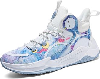 Generic Mens Basketball Shoes with Anti Slip Air Cushion Shock Absorption Durability Lightweight Comfortable Sports Boots Walking Shoes(White Blue,8.5 UK)