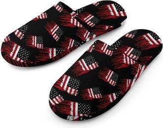 Generic Dripping U.S. Flag Flannel Mens Slip-on Slippers Winter Warm House Shoes with Rubber Sole for Home Hotel