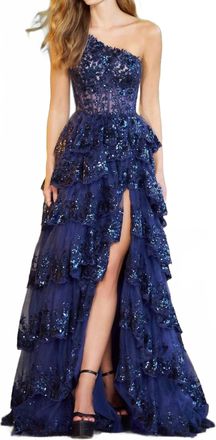 Sherri Hill Ruffle Skirt One Shoulder Dress In Navy