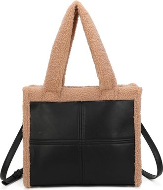 Generic Womens Medium Tote Bag with Borg Edge Trim, Top Zip Handbag, Stylish Shoulder Purse with Adjustable Strap & Gold Tone (Apricot)