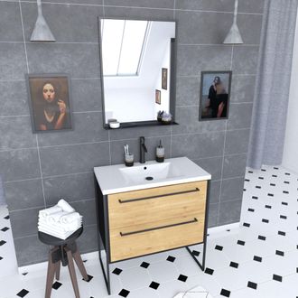 Aurlane Aurlane - Mueble De Ba&ntilde;o 80 Cajones Acabado Roble Y Negro - Lavabo Blanco - Espejo - Structura