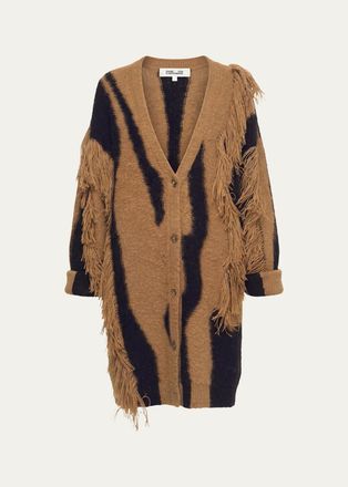 Diane Von F&uuml;rstenberg Leone Fringed Abstract Intarsia Cardigan