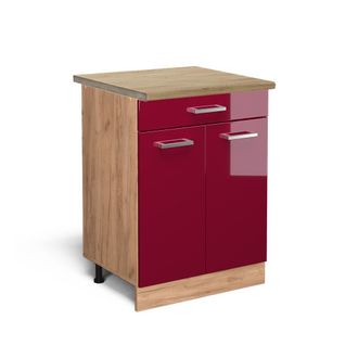 Vicco Mueble Bajo De Cocina R-line, Rojo Burdeos Alto Brillo, 60 Cm Con Caj&oacute;n, Et Roble Vicco