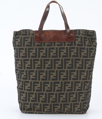Fendi Brown Green Khaki Leather Nylon Handbag Shoulder Bag Tote Bag (Pre-Owned)