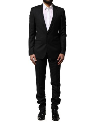 Dolce & Gabbana Mens Blue Martini Wool Formal 2 Piece Suit Black Virgin Silk