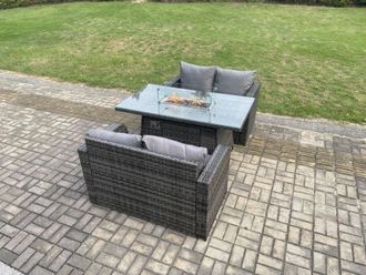 Fimous Rattan Garden Furniture Set with Gas Fire Pit Dining Table Indoor Outdoor 3 piece set in Dark Grey