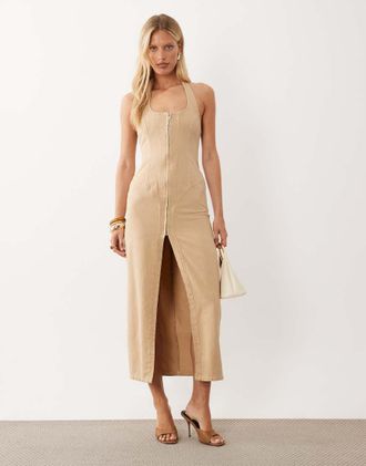 Asos vestito maxi in denim con zip frontale color cammello-Neutro