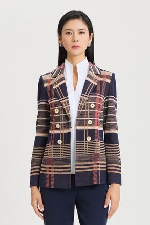 Ming Wang Faux Doubled Breast Plaid Knit Blazer in Indigo/warm Taupe/sienna/ivory at Nordstrom, Size X-Large