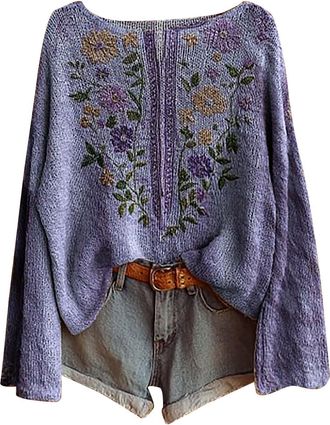 Generic Fairisle Norwegian Womens Jumpers Ethnic Art Print Casual Pullover Knitted Sweaters for Women UK Fashion Long Sleeve Tops Chenille Crewneck Blouse War