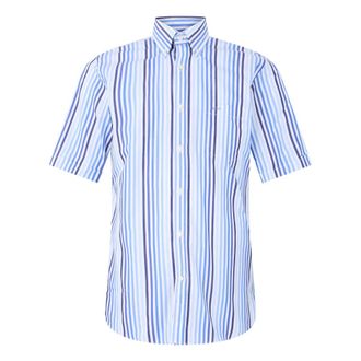 Paul & Shark Gestreepte Katoenen Shirt - Heren - Korte mouwen Overhemden - Blauw - L - Katoen - Overhemden