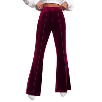 Generic 2025 Trousers Flare Velvet Pants for Women High Waisted Wide Leg Stretch Elastic Waist Pull On Trousers Front Seam Slacks (Red, M)