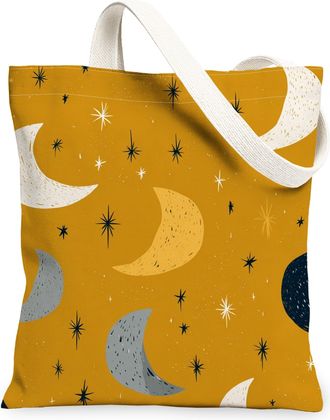 Generic Moon and Stars Canvas Tote Bags, Vintage Celestial Pattern Reusable Grocery Bags, Lightweight Washable Shoulder Strap, Yellow, 13x15 Inch