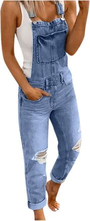 Generic Jeans Overalls Womens Dungarees Jeans Boyfriend Denim Overall Jumpsuit Used Look Summer Overall Stretch Denim Dungarees Jeans Overalls with Pockets Bi
