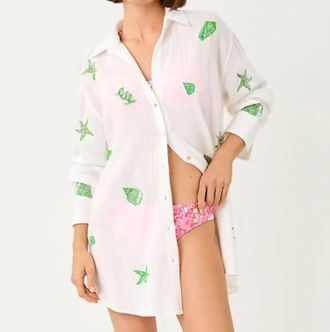 Lilly Pulitzer Kwitney Long-Sleeve Coverup In Resort White Ship To Shore Embroidery