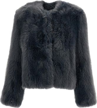 Stand Studio Blue Halle Collarless Boxy Faux Fur Jacket