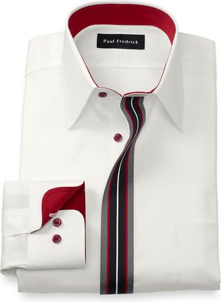 Paul Fredrick Tailored Fit Comfort Stretch Non-iron Solid Dress Shirt With Contrast Trim