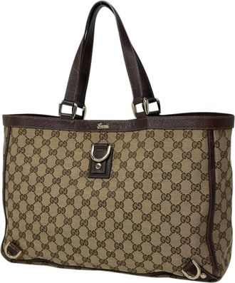 Gucci Beige Brown Gg Canvas Leather Shoulder Bag Tote Bag (Pre-Owned)
