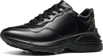 Generic Mens Lace Up Casual Sneakers Black Leather Height Increasing Sneakers Block Heel Business Dress Shoes,Black,6.5 UK