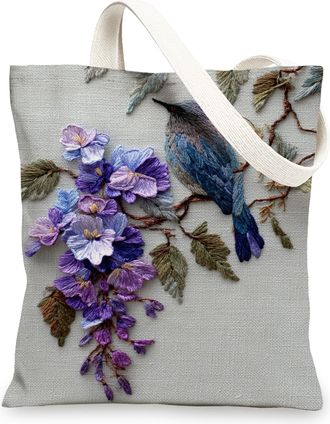 Generic Embroidered Canvas Tote Bag, Floral Reusable Grocery Bags, Lightweight Gray Shoulder Strap Bags, Gray, 13x15 Inch