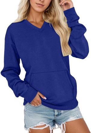 Generic Womens V-Neck Sweatshirt with Kangaroo Pocket, Long Sleeve Oversized Long Sleeve Pullover Solid Color Fall Winter Tops Comfy