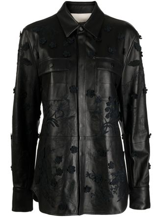 Elie Saab floral-embroidered leather shirt jacket - women - Lambskin - 40 - Black