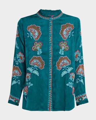 Johnny Was Simone Floral-Embroidered Cupro Blouse