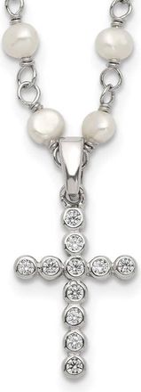 Diamond2Deal Sterling Silver 5mm White Freshwater Cultured Pearl and CZ Cross Necklace 21