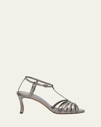 Manolo Blahnik 90mm Fulconpla Metallic Leather Caged Sandals