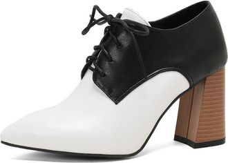 Generic Women Pointed Toe Oxfords Suede Panel Chunky Block Heel Lace Up Ankle Shoes Contrast Laces Non Slip Durable Comfortable Office Casual Dress Shoes,Whit