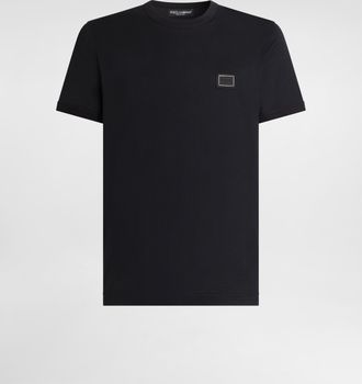 Dolce & Gabbana Cotton T-shirt With Logo Plate - Man T-shirts And Polos Blue 44