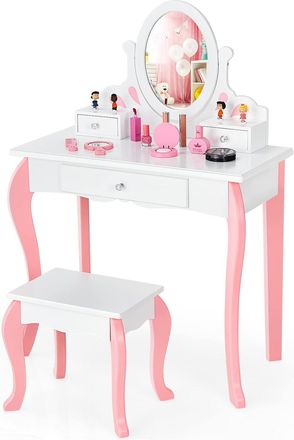 Costway Costway - Set Mesa Tocador Y Taburete Para Ni&ntilde;os, Mesa Maquillaje Princesas Para Ni&ntilde;as Con Espejo Giratorio A 360&deg; Y 3 Cajones, Set Tocador Multifunci