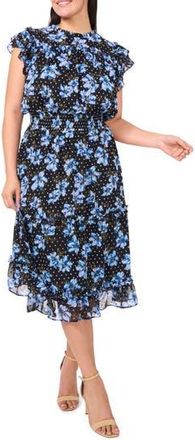 CeCe by Cynthia Steffe Floral Flutter Sleeve Smock Waist Midi Dress in Serene Blue at Nordstrom Rack, Size 3X