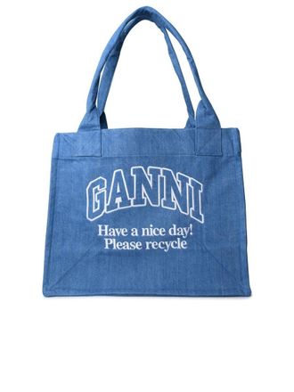 Ganni Logo Embroidery Denim Shopping Bag