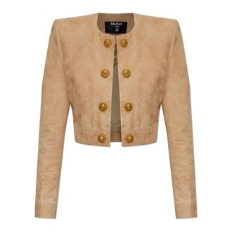 Balmain Cropped Su&egrave;de Leren Jas - Dames - Leren en Su&egrave;de Jassen - Beige - XS - Su&egrave;de - Jassen