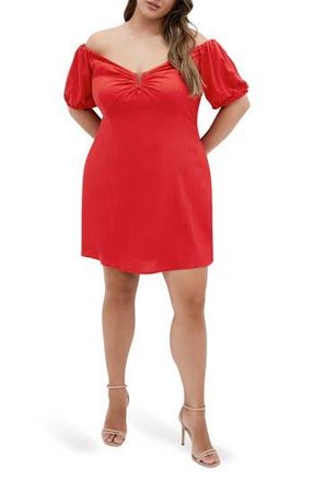 City Chic Macey Off the Shoulder Puff Sleeve Stretch Cotton Minidress in Red at Nordstrom Rack, Size 16W
