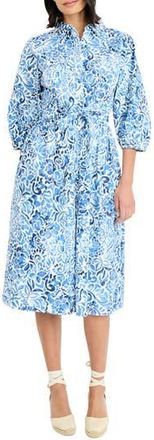 Maggy London Floral Three-Quarter Sleeve Shirtdress in Soft White/Denim Blue at Nordstrom Rack, Size 18 (Similar To 16W)