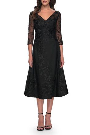 La Femme Stylish Tea Length Mother of the Bride Dress with Sleeves in Black at Nordstrom, Size 16