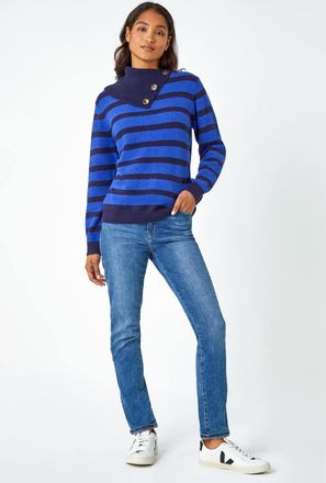 Roman Stripe Cowl Neck Button Jumper