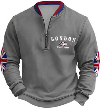 Generic Mens Sweatshirts Quarter Zip Collar Casual Pullover Jumper For Men Uk British Flag Printed Fleece Sweatshirts Autumn Winter Thermal Tracksuit Tops Bus