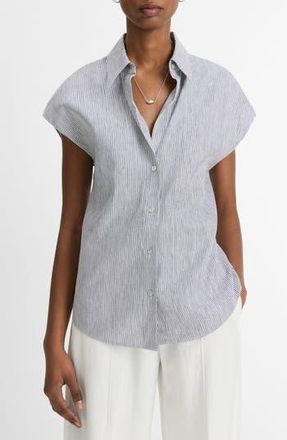 Vince Ticking Stripe Cap Sleeve Linen & Cotton Button-Up Shirt in Iris Slate/Off White at Nordstrom Rack, Size Large